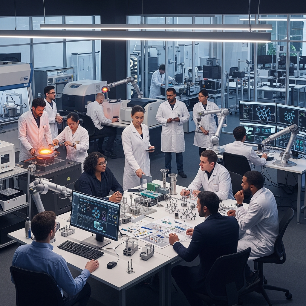 Modern steel technology research center with scientists working on green steel innovation, advanced equipment and computers, collaborative workspace, bright professional lighting, innovative atmosphere, no text