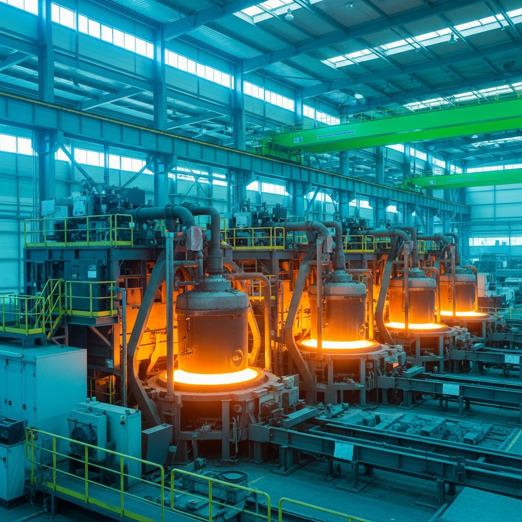 Modern green steel manufacturing facility with advanced technology, electric arc furnaces, clean industrial environment, sustainable production lines, bright natural lighting, colorful industrial background with blue and green tones, no text