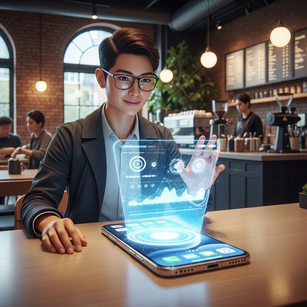 A stylized image of a person with Korean appearance in a modern coffee shop setting, interacting with a conceptual AI-designed iPhone that projects a holographic interface. The phone appears large but aesthetically pleasing, with realistic background details. Soft, natural lighting. No text.