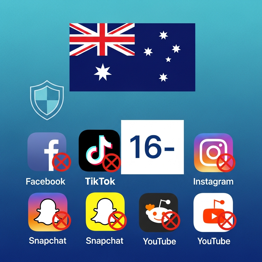 A clean infographic showing the Australian flag with a subtle shield icon, representing protection. Various social media app icons (Facebook, TikTok, Instagram, X, Snapchat, Reddit, YouTube) are shown with a clear "forbidden" or "restricted" symbol over them. The age "16-" is prominently displayed. Style: modern infographic, high contrast, blue and green color scheme, textured background. No text.