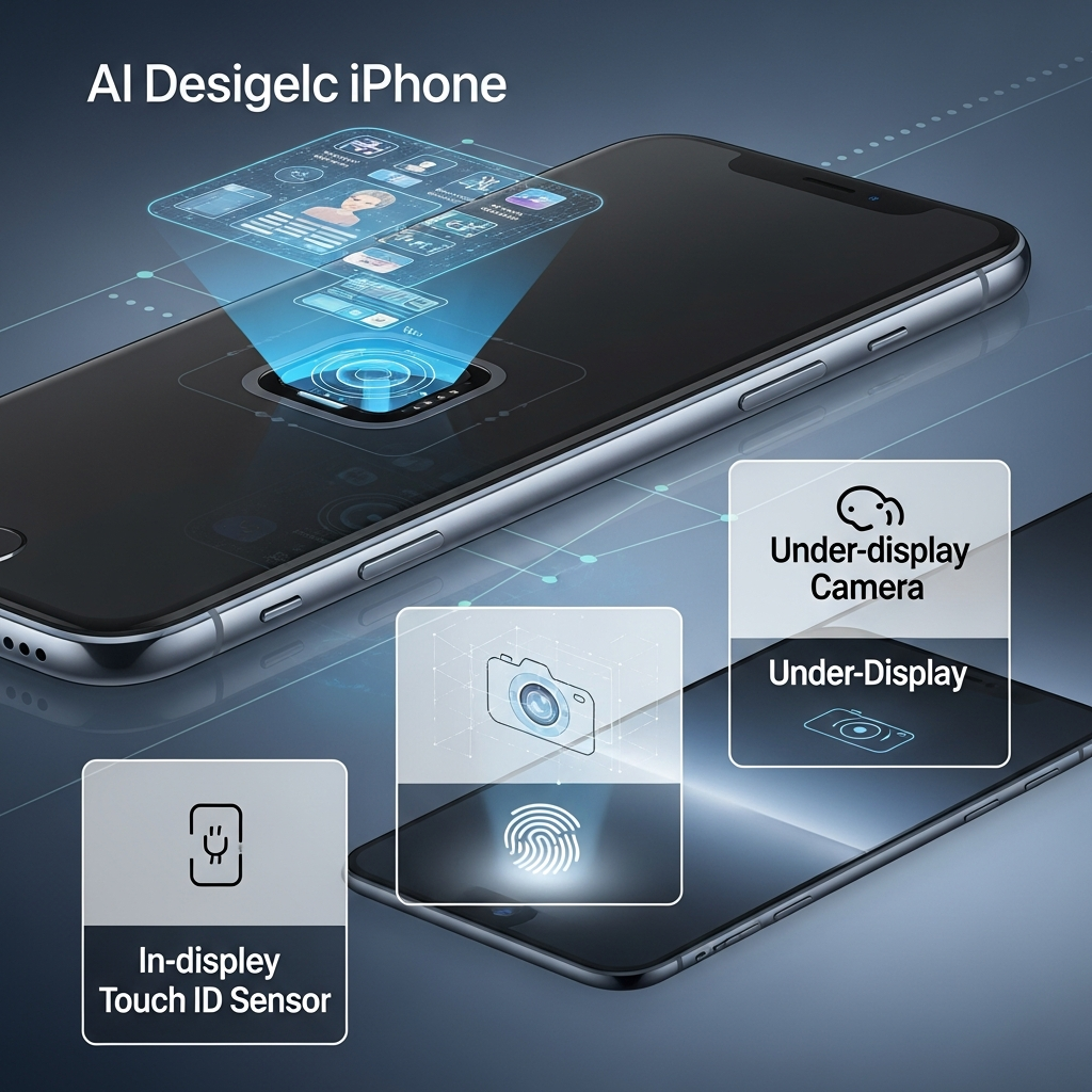 An infographic-style image detailing key features of a conceptual AI-designed iPhone: a holographic projector, an under-display camera, and touch ID. Clean layout with icons, modern background. No text.