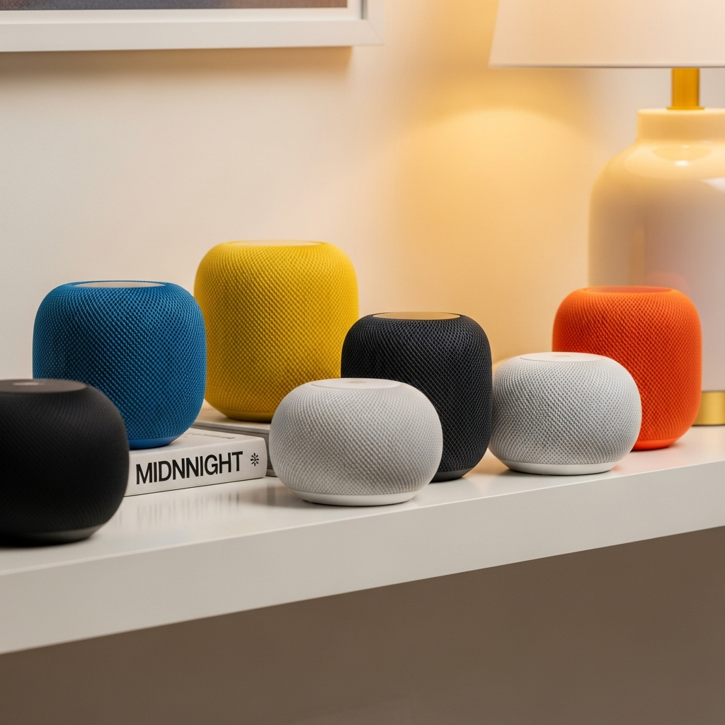 A vibrant array of HomePod Mini speakers in various modern and elegant colors (Blue, Yellow, Midnight, Orange, White, and a potential new Pink option), arranged aesthetically on a clean, light-colored shelf in a stylish home interior. Soft, inviting lighting. No visible text in image. If UI elements needed, English-only minimal text. Style: lifestyle photography, warm lighting, natural setting.