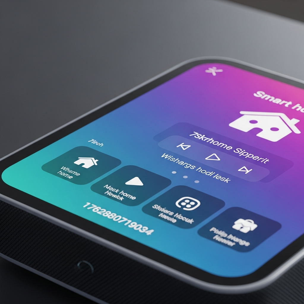 A close-up of a futuristic smart speaker with a vibrant, multi-touch 7-inch display showing a clean, intuitive user interface. The screen displays smart home controls and media playback options. The background is slightly blurred to keep focus on the device. No visible text in image. If UI elements needed, English-only minimal text. Style: clean infographic, modern layout, high contrast.