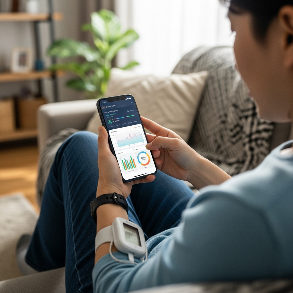 Patient using smartphone app for AI-powered health monitoring at home, digital health interface, wearable devices, comfortable home environment, natural lighting, Korean person, no text
