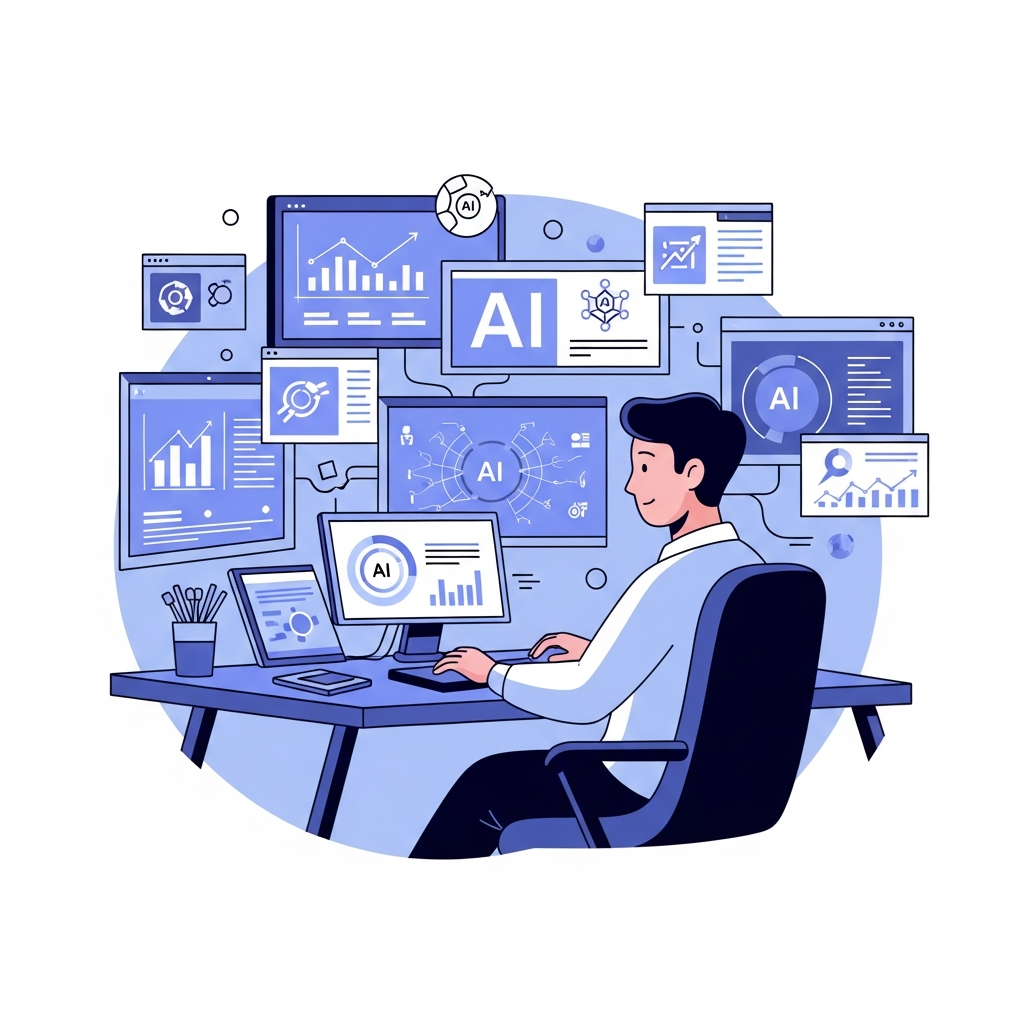 A professional working efficiently in a modern, streamlined AI workspace, surrounded by various AI tools and data visualizations on multiple screens. The person has a focused, calm expression, embodying productivity and innovation. Style: clean infographic, modern layout, high contrast. No visible text. Colored background, filled frame, bright balanced lighting.