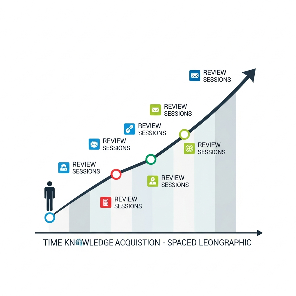 An organized and visually appealing infographic showing a person's learning progress over time, with review sessions highlighted. It conveys the concept of personalized and effective learning. Style: clean infographic. No text.