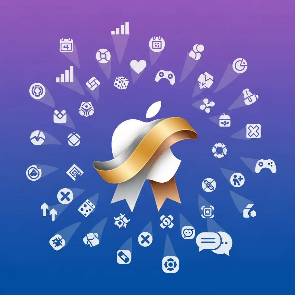 A vibrant infographic illustrating the concept of the 2025 Apple App Store Awards. Featuring a stylized Apple logo integrated with award ribbons and diverse app icons representing different categories (productivity, gaming, health, social). Use a modern, clean design with high contrast and a gradient blue-purple background. No text, centered focus, full frame.