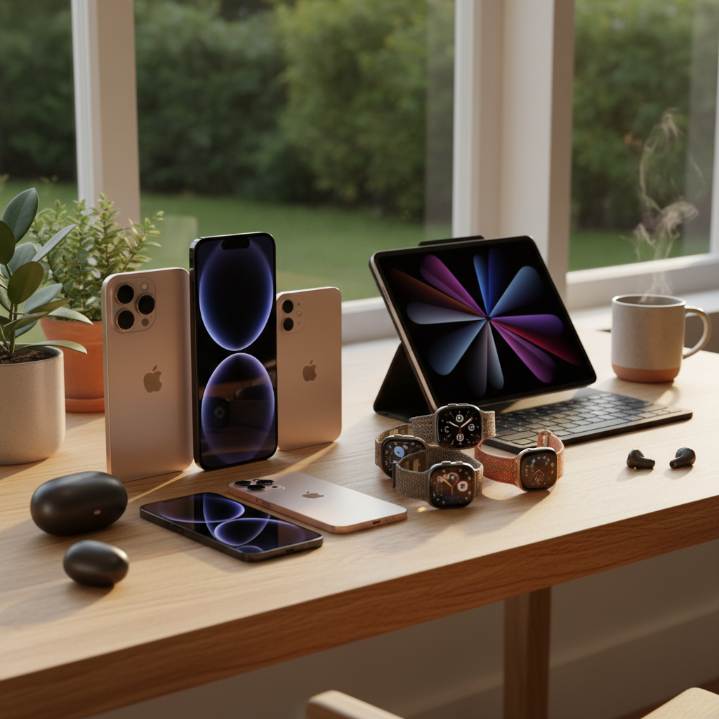 A sleek display of 2025 Apple products including iPhone 17 and Apple Watch on a wooden desk, lifestyle photography, warm ambient lighting, natural setting, no text
