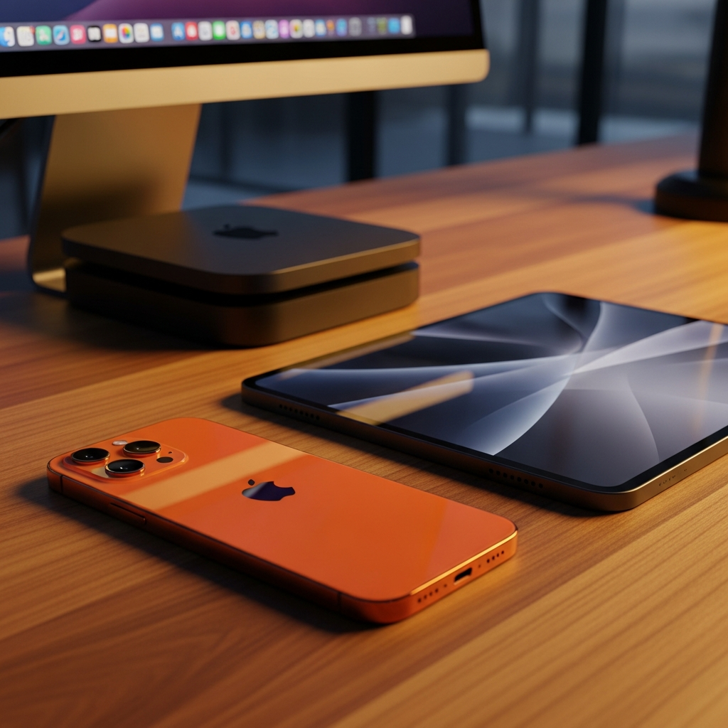 A modern workspace with the latest iPhone 17 in Cosmic Orange, sleek Mac Studio, and an iPad Pro, cinematic lighting, warm wooden desk, high quality photography, no text