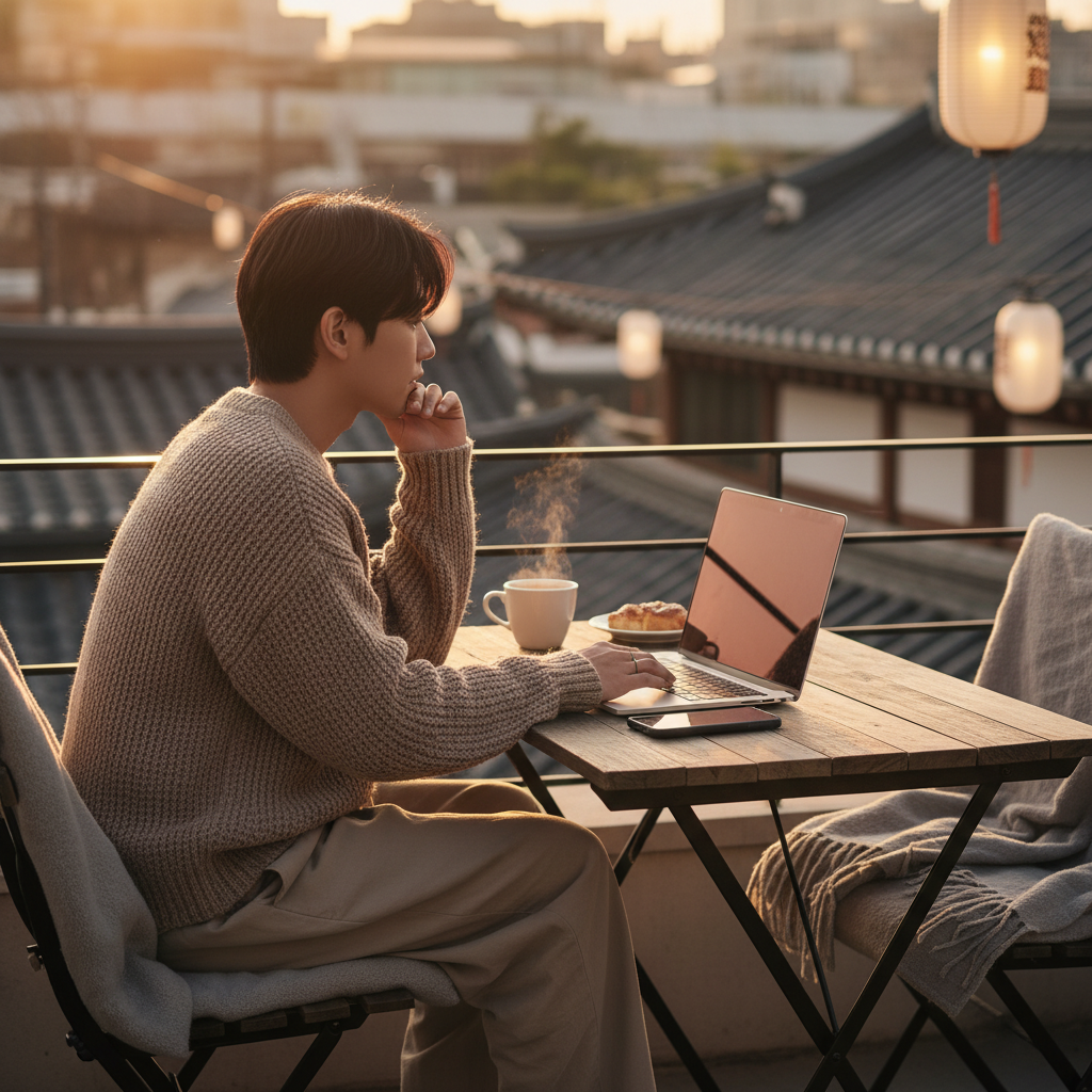 A person looking thoughtfully at their MacBook and iPhone on a cozy cafe terrace, sunset lighting, lifestyle photography, Korean setting, no text
