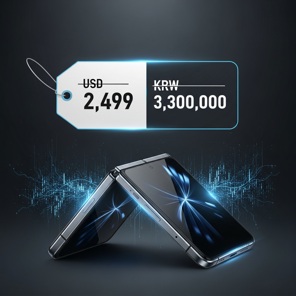 A modern infographic displaying a very high price tag, possibly in USD and KRW, associated with a sleek, futuristic foldable smartphone. The design should convey premium cost and advanced technology. Clean infographic, high contrast, textured background, no visible text.