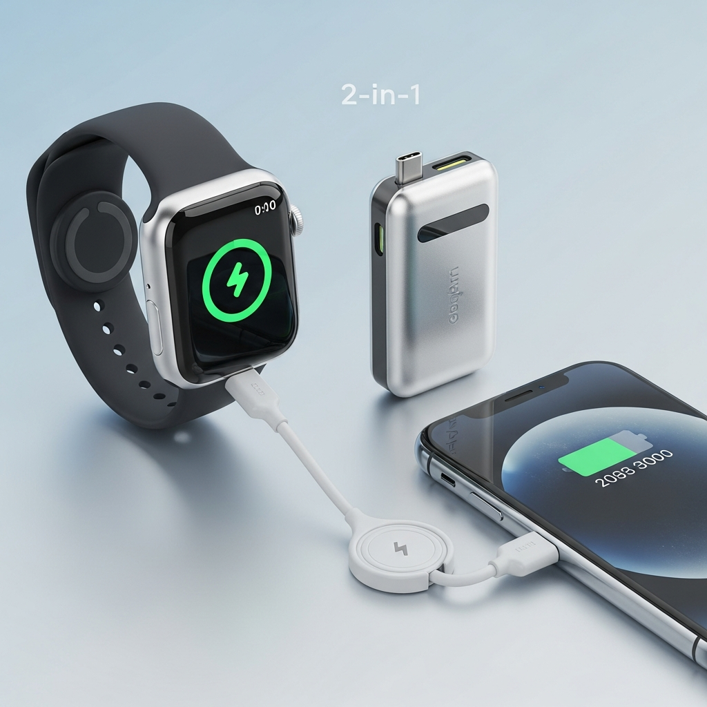 Clean infographic. A compact 2-in-1 portable charger magnetically attached to an Apple Watch, with its USB-C plug extended into a smartphone. Both devices show charging icons. The background is a clean, modern gradient. High contrast. No visible text. No Korean characters.