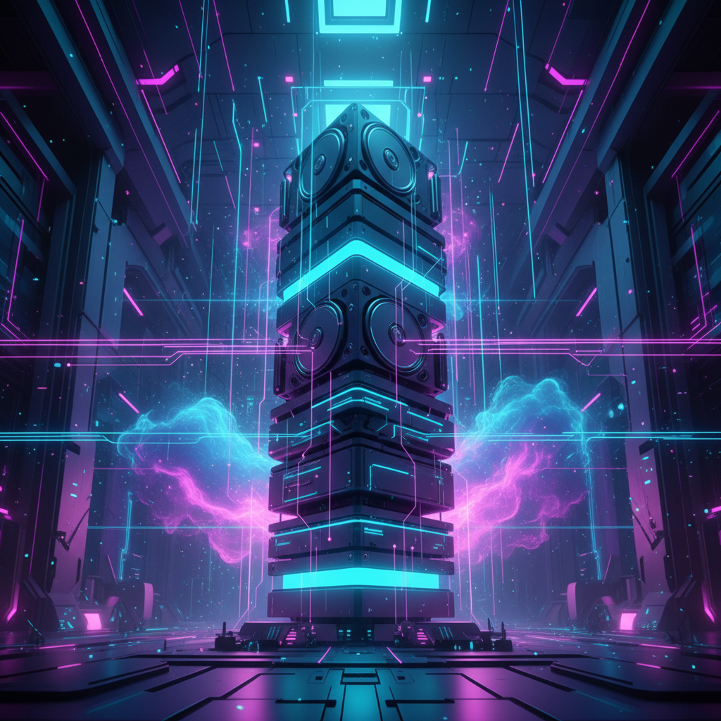 An abstract representation of 300TB data storage, glowing hard drives stacked high, futuristic data center, cyan and purple lighting, rich background, no text