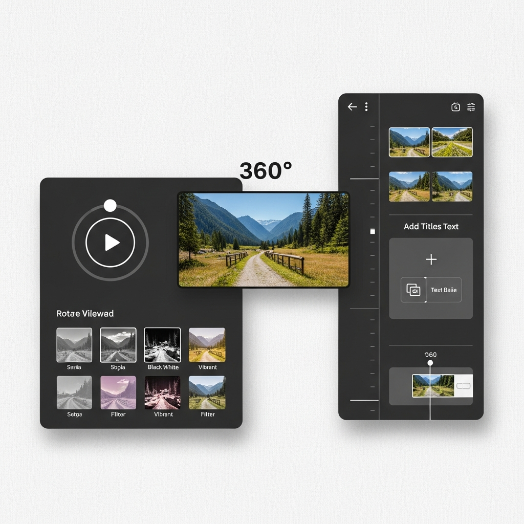 A modern infographic displaying a 360-degree video editing interface. Show tools for rotating viewpoints, applying filters, and adding titles within a panoramic video. Clean layout, bright lighting, textured background. No visible text.