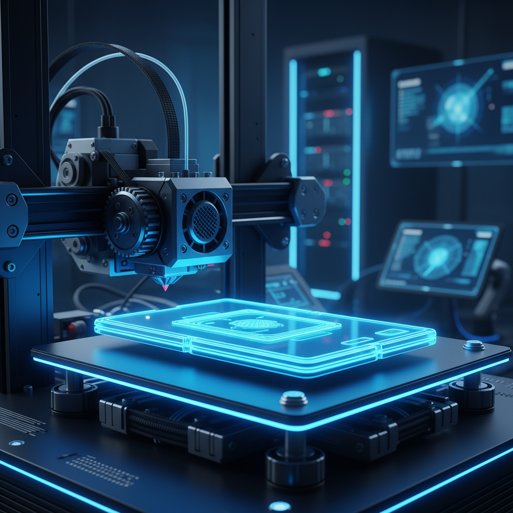 A high-tech 3D printer actively printing a foldable smartphone mockup, neon blue lighting, sophisticated laboratory background, detailed mechanical parts, no text