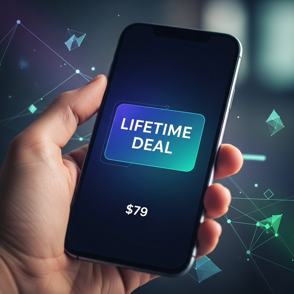 A hand holding a smartphone displaying a "Lifetime Deal" badge and the price "$79", with a subtle abstract background representing smart technology, modern layout, high contrast, visually rich, no text.