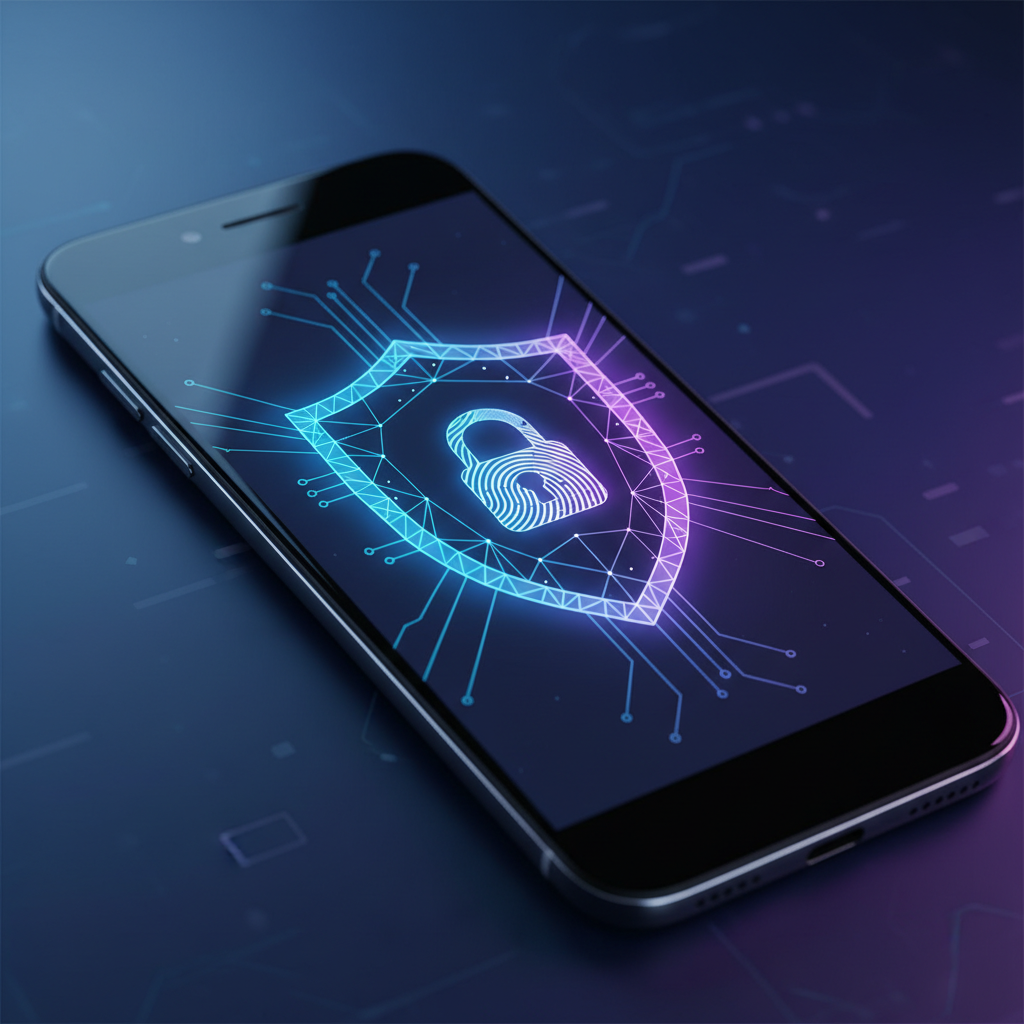 A sleek smartphone displaying a stylized digital ID shield with a padlock icon, glowing biometric scanning lines around a fingerprint, modern high-tech atmosphere, deep blue and purple gradient background, no text
