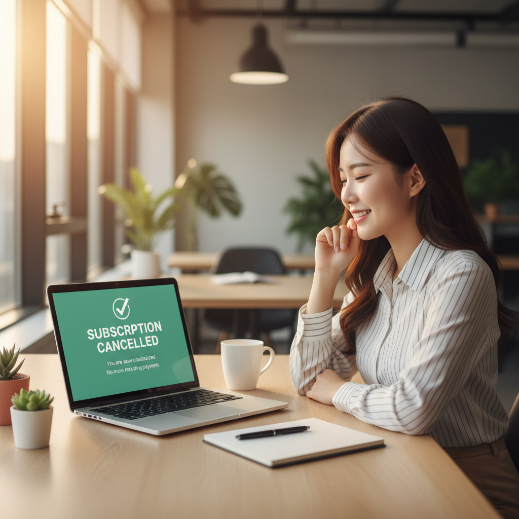 A happy Korean office worker looking relieved while looking at a laptop screen showing a cancelled subscription notice, warm office lighting, clean modern desk, lifestyle photography, 4:3