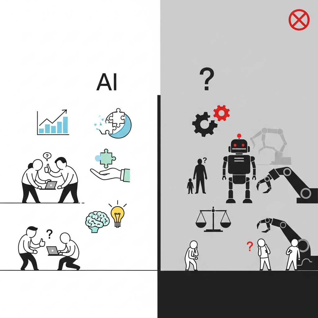 Clean infographic showing two contrasting sides of AI: one with positive elements like productivity and accessibility, and the other with negative elements like ethical concerns and job displacement. Use a modern layout with high contrast. No visible text. Korean appearance for characters.