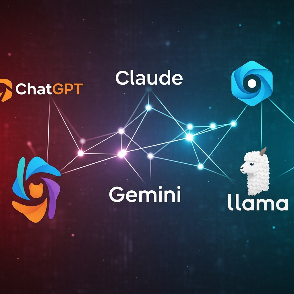Illustration of multiple AI model logos (ChatGPT, Claude, Gemini, Llama) connected by glowing lines, representing optimized communication, artistic rendering, textured background, no text