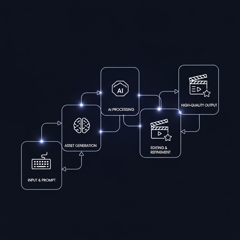 A futuristic clean infographic showing a timeline or interconnected modules of AI video generation. Emphasize ease of use and high quality. Style: clean infographic, modern layout, high contrast. No text.