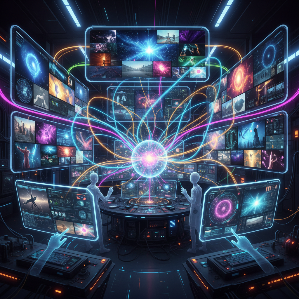 Cinematic visualization of AI video generation process, creative light trails connecting digital clips, vibrant color palette, professional editing studio atmosphere, no text