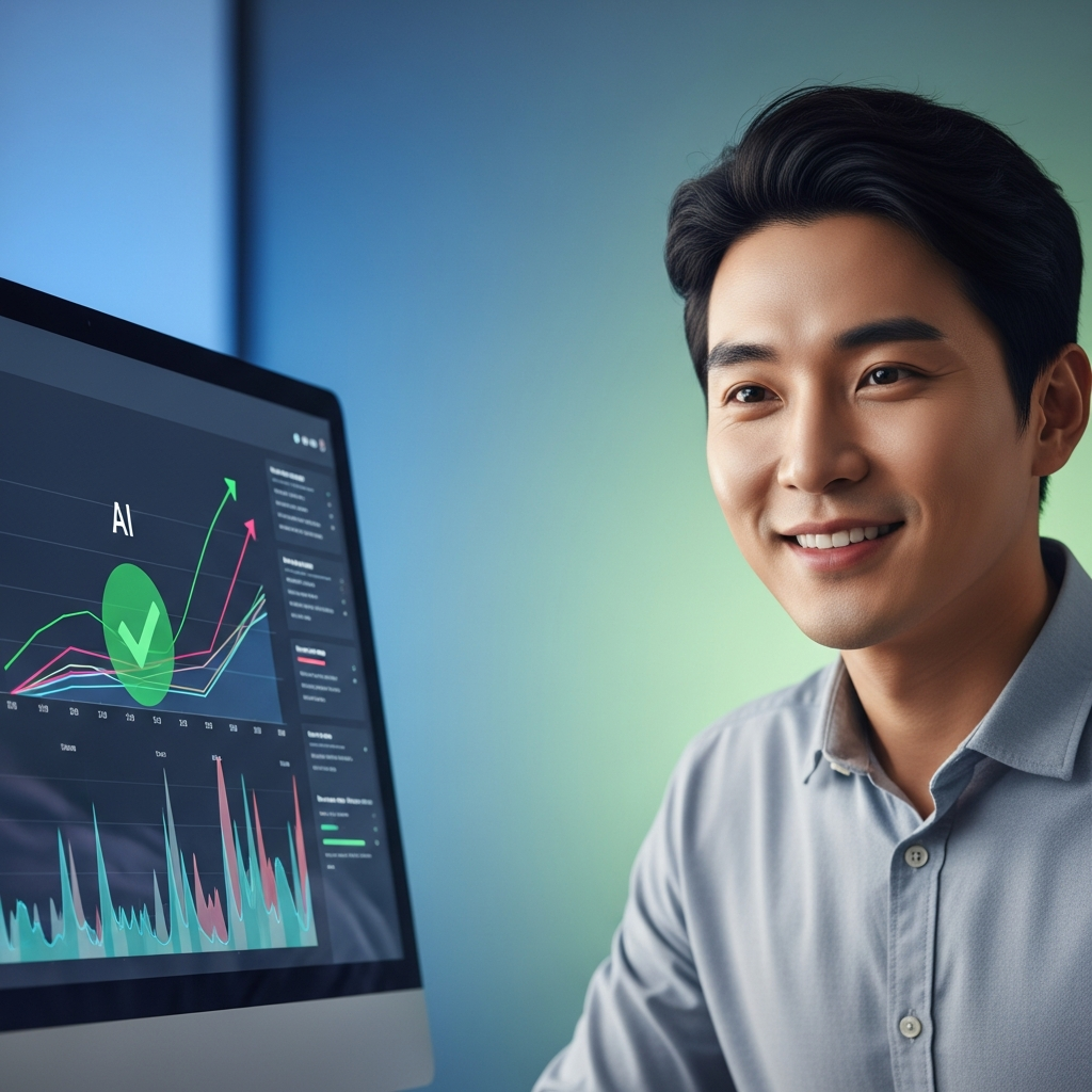 A confident Korean person smiling, looking at a computer screen showing positive AI results, bright and balanced lighting, a professional yet relaxed setting with a colored background, no text