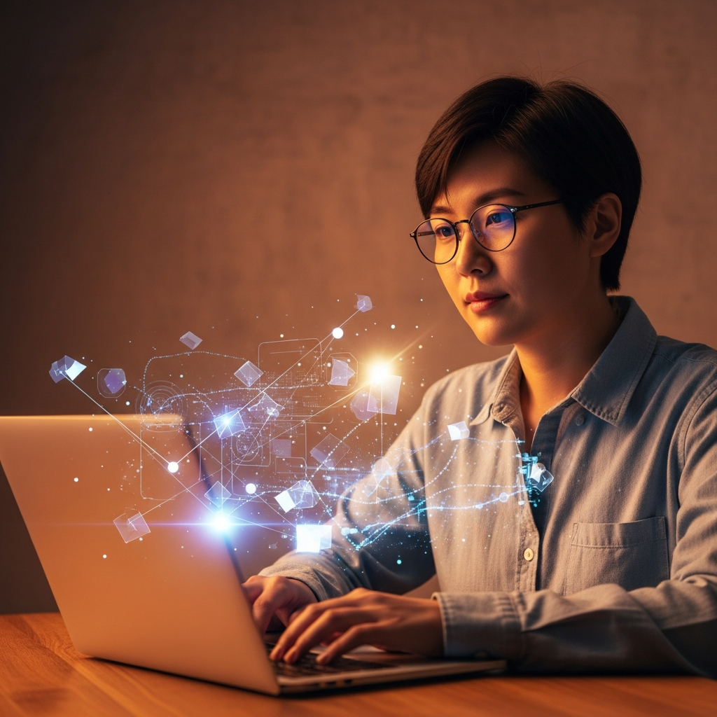 A Korean person looking thoughtful while typing on a laptop, with abstract AI interface elements subtly floating around, warm lighting, textured gradient background, no text