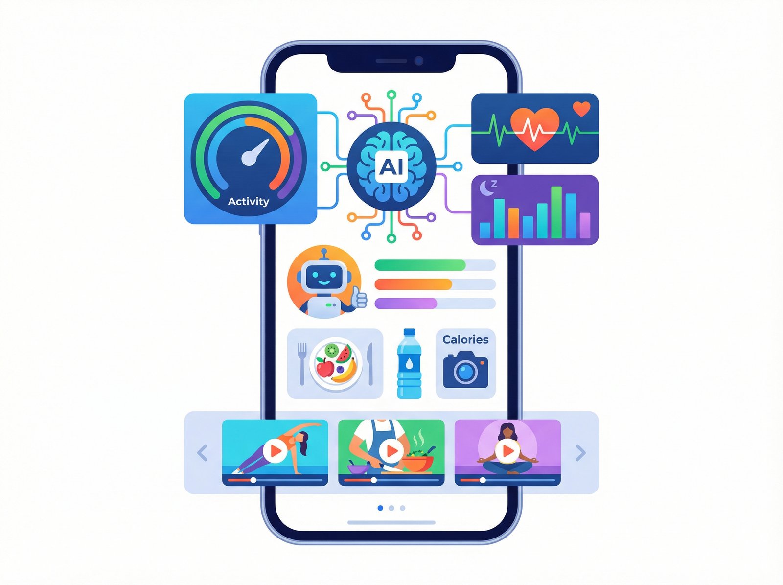 A vibrant and clean infographic style illustration of a smartphone screen showing an AI-powered health application with data visualizations, coaching elements, food logging icons, and educational video thumbnails, no visible text, aspect ratio 4:3, informational style.