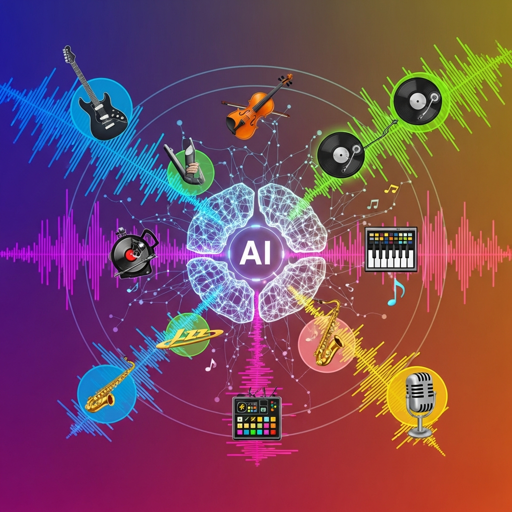 A visually rich scene related to AI recommending music playlists, diverse music genre icons, abstract sound waves, detailed composition, colored background, no text