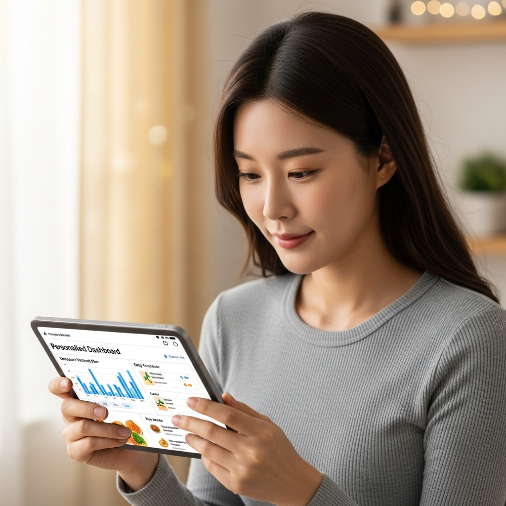 A person (Korean appearance female) looking at a smart device (tablet or phone) displaying personalized health insights, such as a customized workout plan or diet recommendations, generated by AI. The background is a bright, clean home environment. Style: lifestyle photography, warm lighting, natural setting.