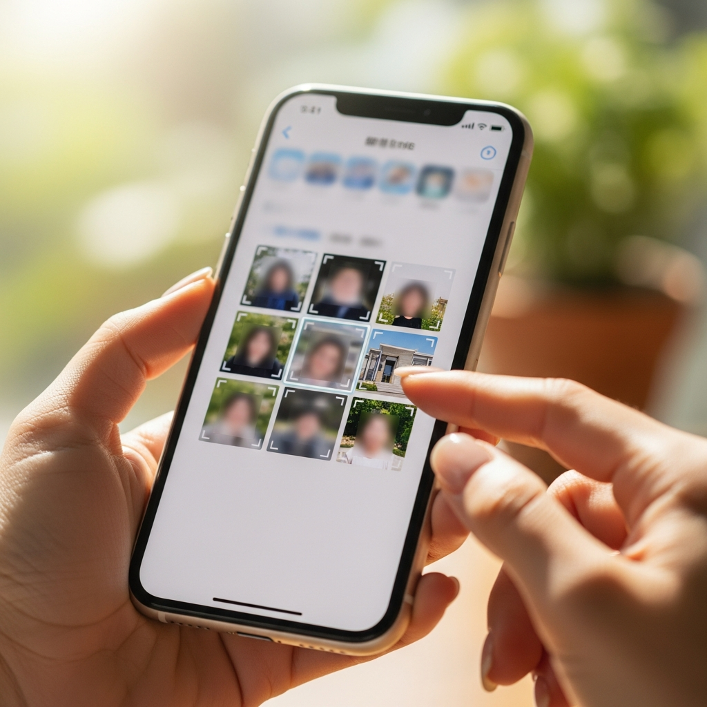 A vibrant lifestyle photography of an iPhone screen displaying a neatly organized photo gallery, with some blurry or duplicate photos being highlighted for deletion. Warm lighting, natural setting, Korean hands interacting, no visible text.