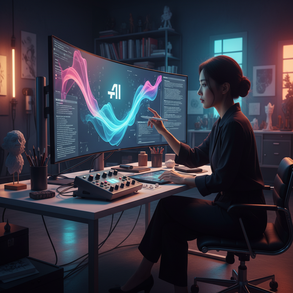 A professional Korean woman using AI tools to generate images and text on a large monitor, creative studio atmosphere, colorful ambient lighting, no text, 4:3