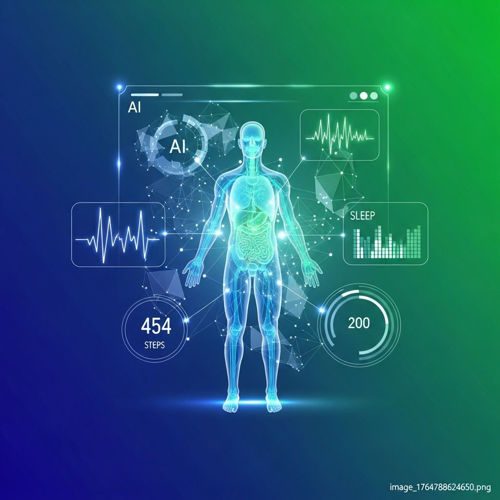 A futuristic clean infographic showing a holographic human body surrounded by various health data points (heartbeat, steps, sleep patterns). A subtle AI interface is overlayed, suggesting analysis. Style: clean infographic, modern layout, high contrast. Background: gradient blue-green. Korean appearance female, natural expression.