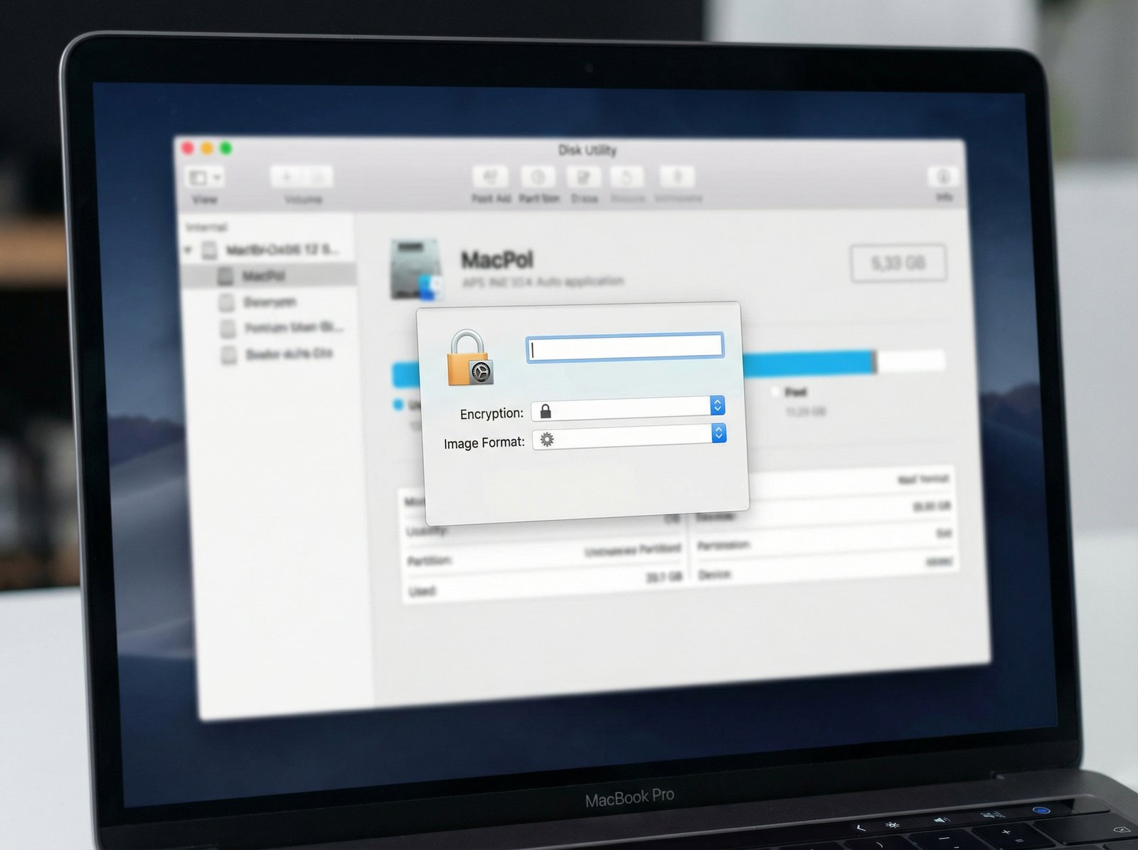 A close-up shot of a MacBook screen displaying the Disk Utility interface, with a dialog box open for creating a new image from a folder. The options for encryption and image format are visible. no visible text, 4:3 aspect ratio, informational style.