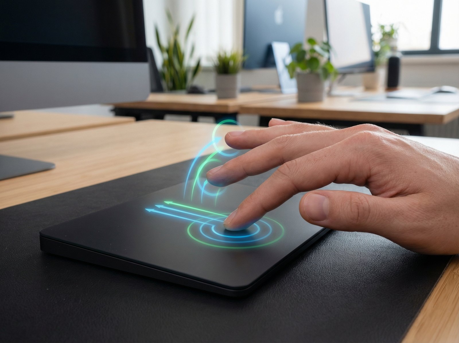 A close-up shot of a person's hand performing gestures on a Mac trackpad. The trackpad is sleek and black, and glowing lines or subtle animations illustrate the motion of the fingers for different gestures. The background is a slightly blurred, modern office setting. Informational style. Aspect ratio 4:3. No visible text.
