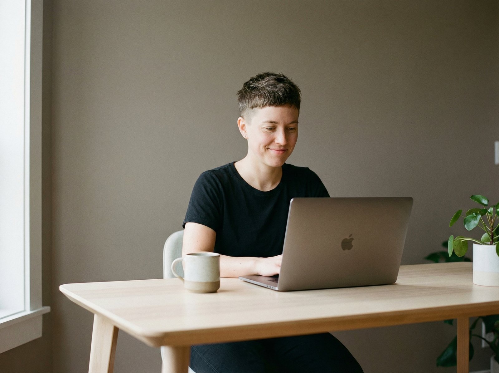 A person with short hair, natural expression, sitting at a desk with a new Mac laptop open. The desk is clean and modern, with a neutral colored wall in the background. The person is smiling slightly, focused on the screen. Informational style. Aspect ratio 4:3. No visible text.
