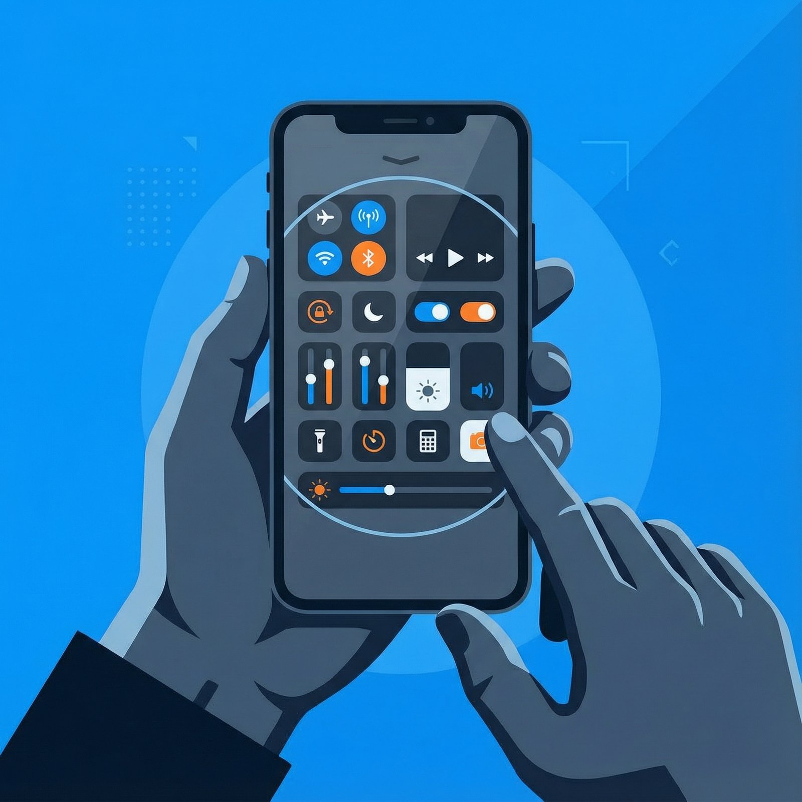 A person's hands holding an iPhone, customizing settings on the screen, clean infographic style, modern layout, high contrast, colored background, centered focus, no visible text, aspect ratio 1:1