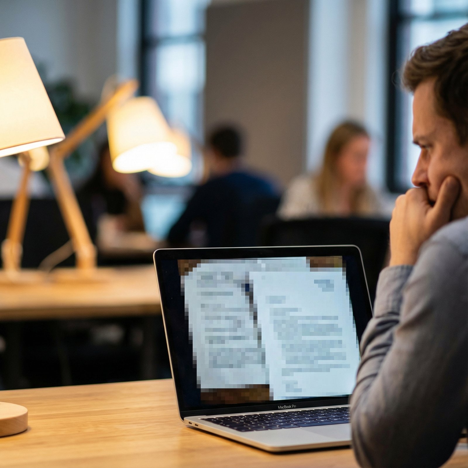 A person looking at a MacBook screen with a concerned expression, showing a blurred image of sensitive documents on the screen. The background is a modern office setting with warm lighting. no visible text, 1:1 aspect ratio, informational style.