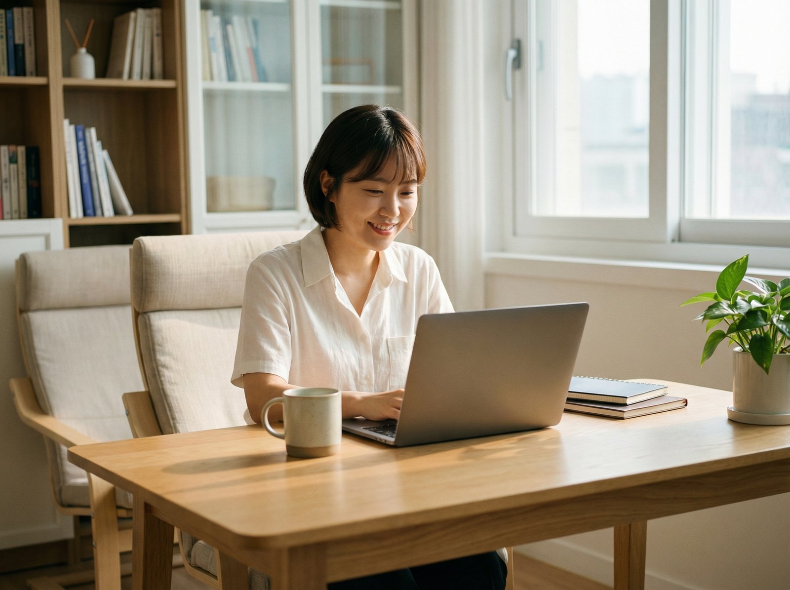 A Korean person, possibly a freelancer or professional, sitting at a modern desk with a laptop, looking focused and satisfied. The background is a clean, bright home office setting. The style is lifestyle photography with warm lighting. Aspect ratio 4:3, no visible text.