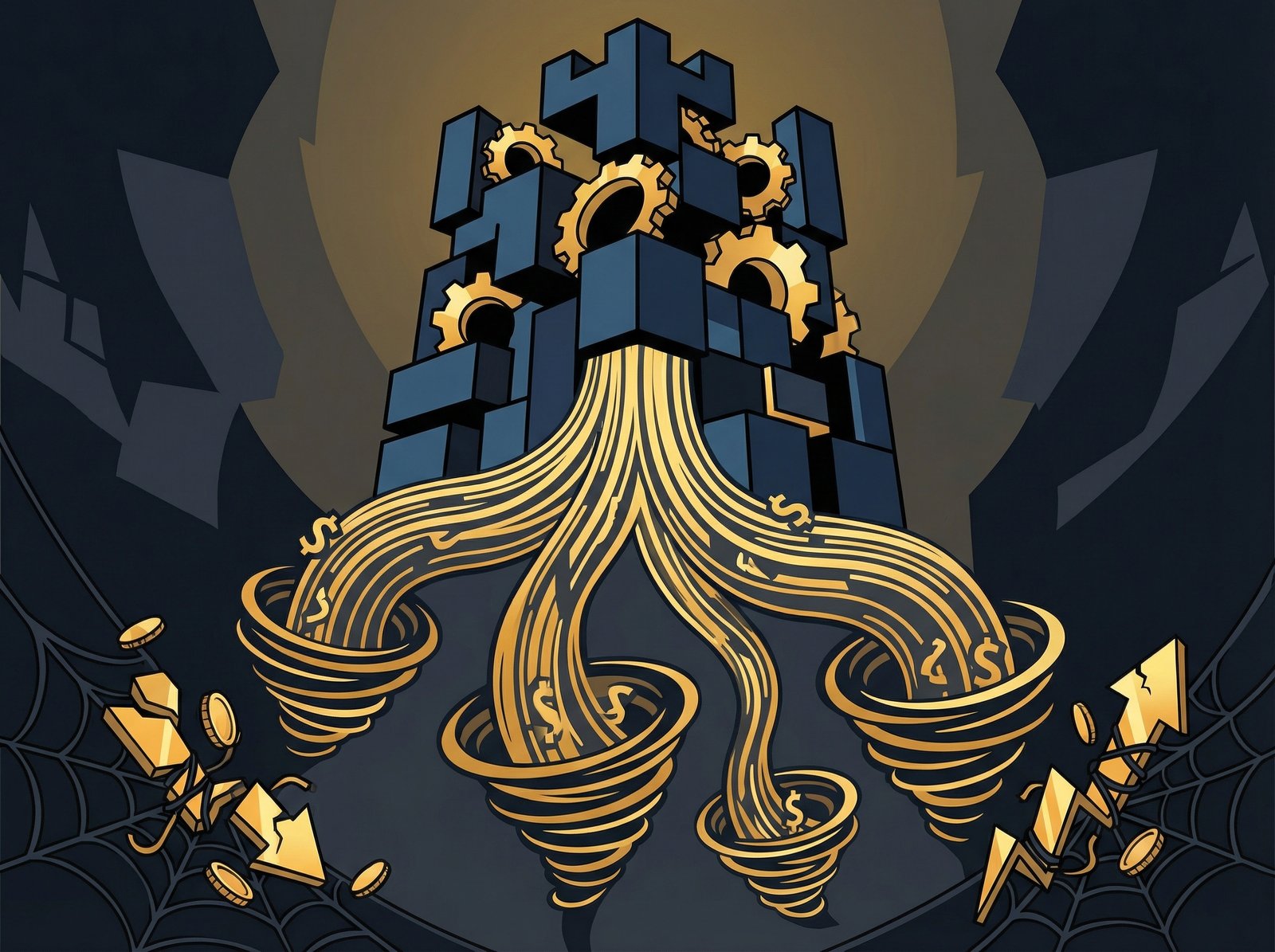 Abstract representation of excessive fees, with money flowing into a dominant structure, while smaller elements struggle. High contrast, modern infographic style, dark blue and gold color scheme, no visible text, 4:3 aspect ratio.