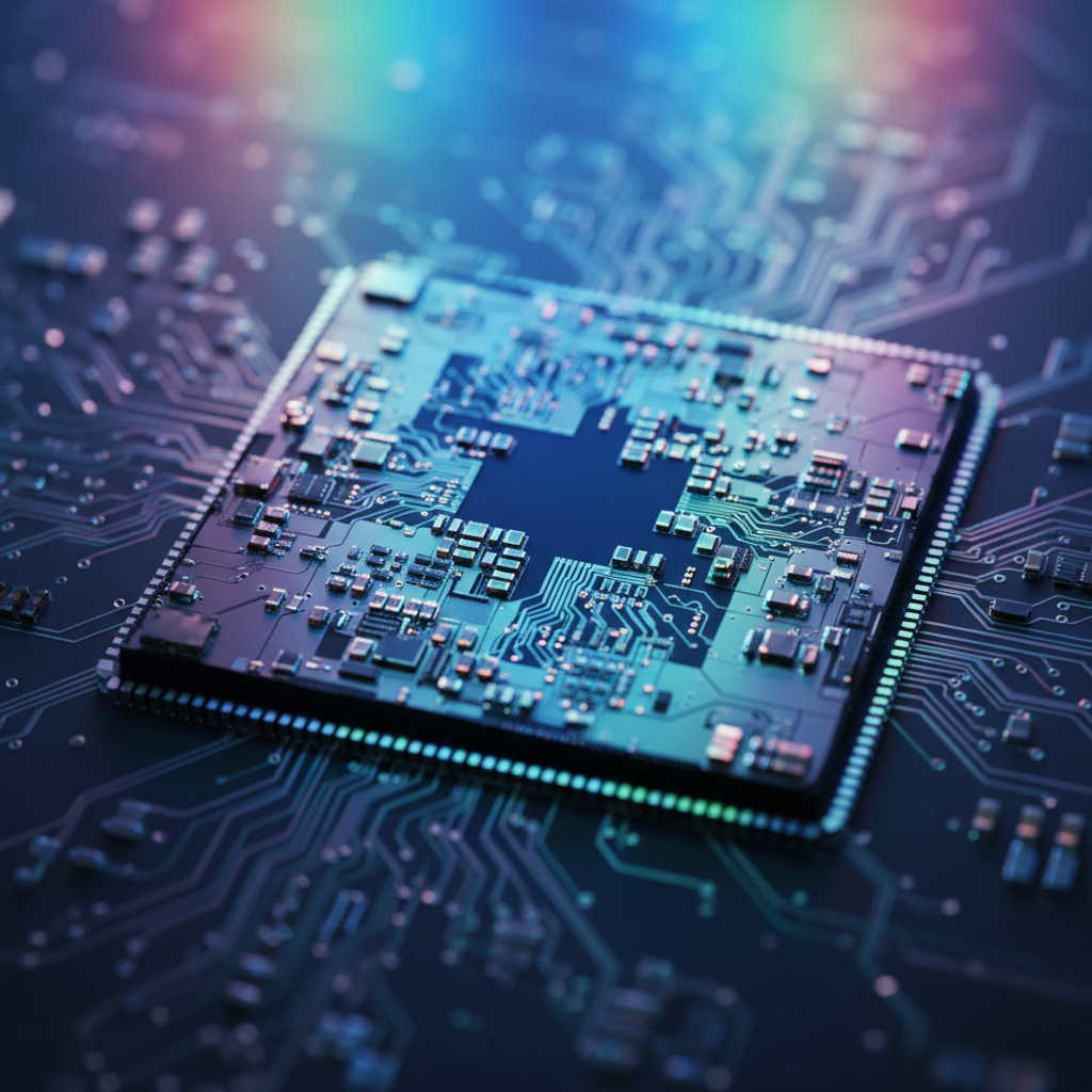 Macro shot of a shiny semiconductor image sensor chip, intricate circuit patterns, vibrant lighting, clean technological aesthetic, 1:1