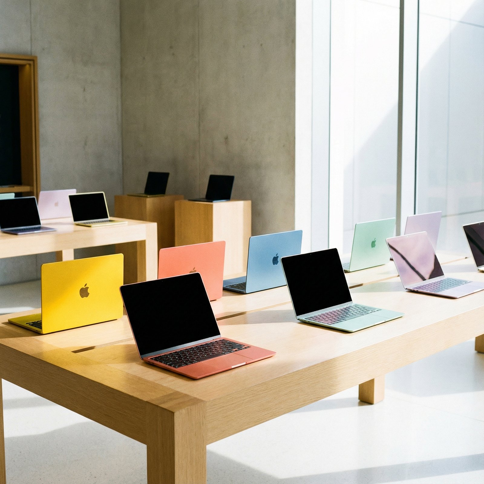 A collection of new, affordable MacBook models in various vibrant colors, displayed in a modern, clean setting. The focus is on the colorful designs and accessibility. High-contrast, informational style, no visible text, 1:1 aspect ratio.