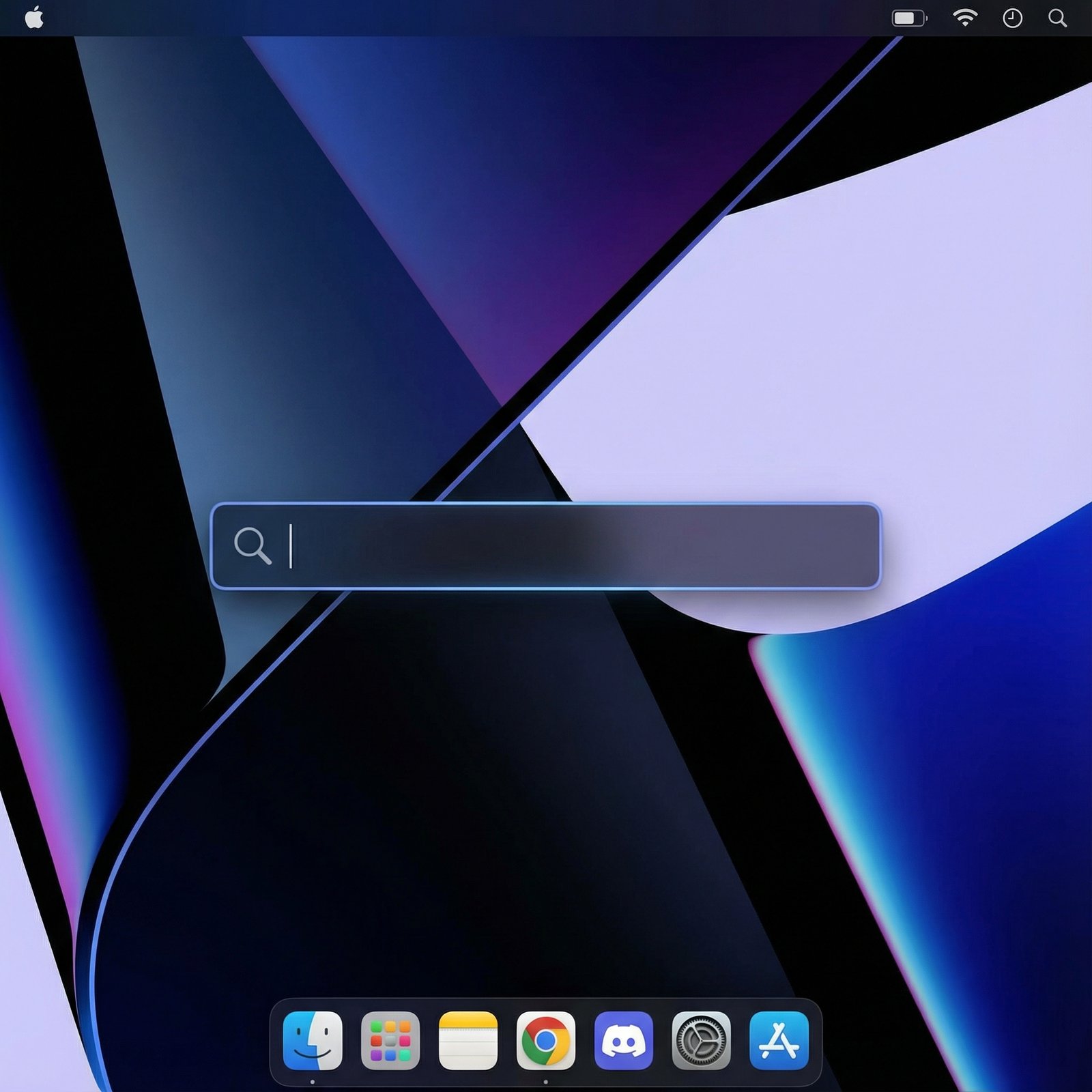 An overhead view of a Mac desktop screen, showing a clean interface with a Spotlight search bar actively open in the center. The search bar is sleek and functional, ready for input. Informational style, high contrast, modern layout. Aspect ratio 1:1. No visible text.