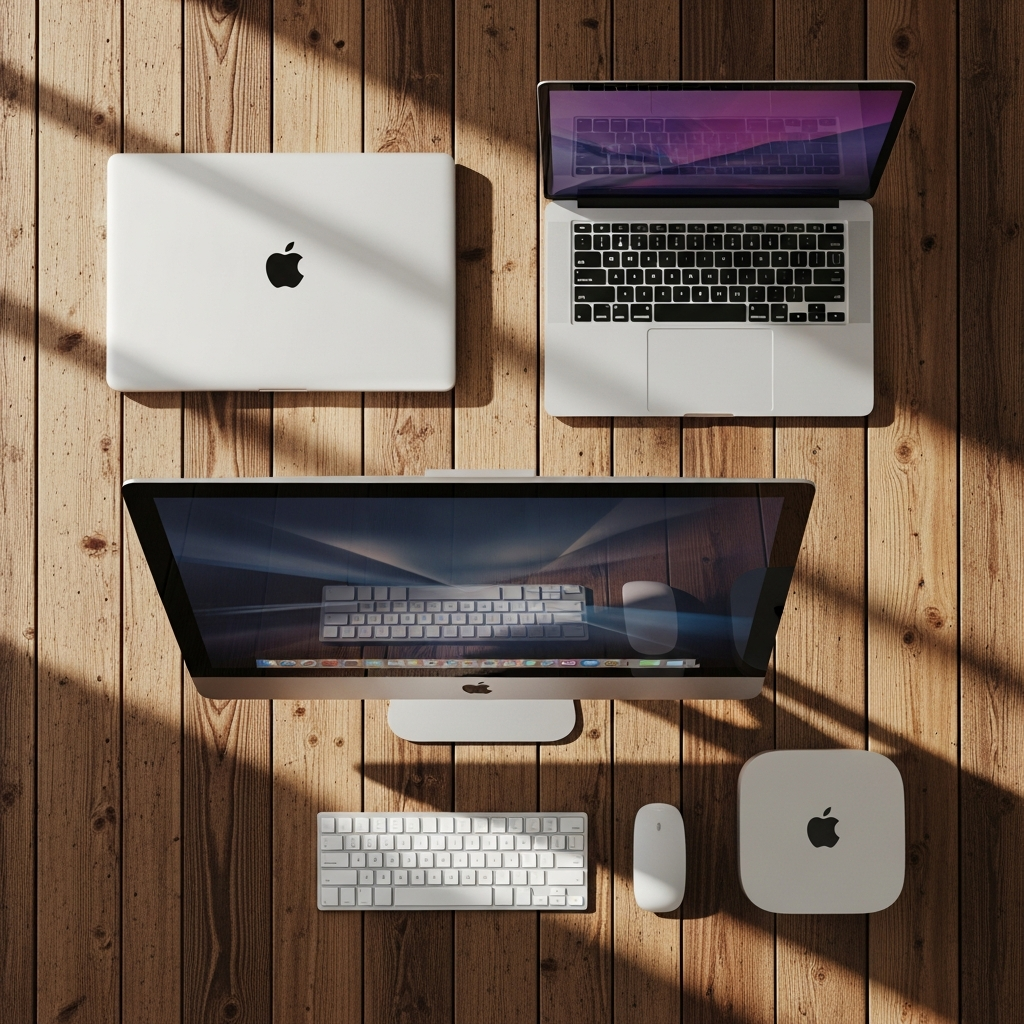 A clean infographic-style layout showcasing various Apple laptop and desktop models on a wooden desk, lifestyle photography, natural morning light, rich textures, no text