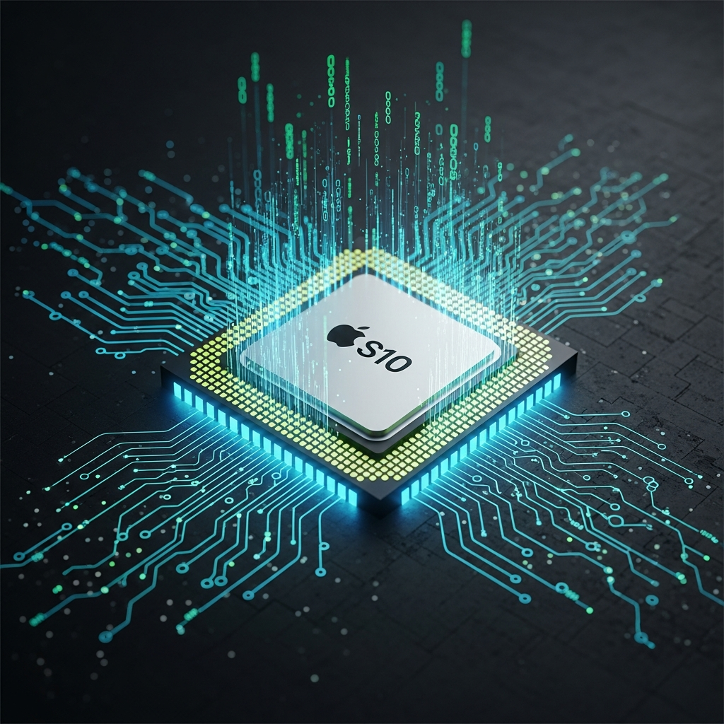 A detailed, high-tech infographic showing a stylized Apple S10 chip with glowing internal circuits, surrounded by abstract data streams, against a dark, textured background. The image emphasizes precision and advanced technology without any visible text, clean infographic, modern layout, high contrast