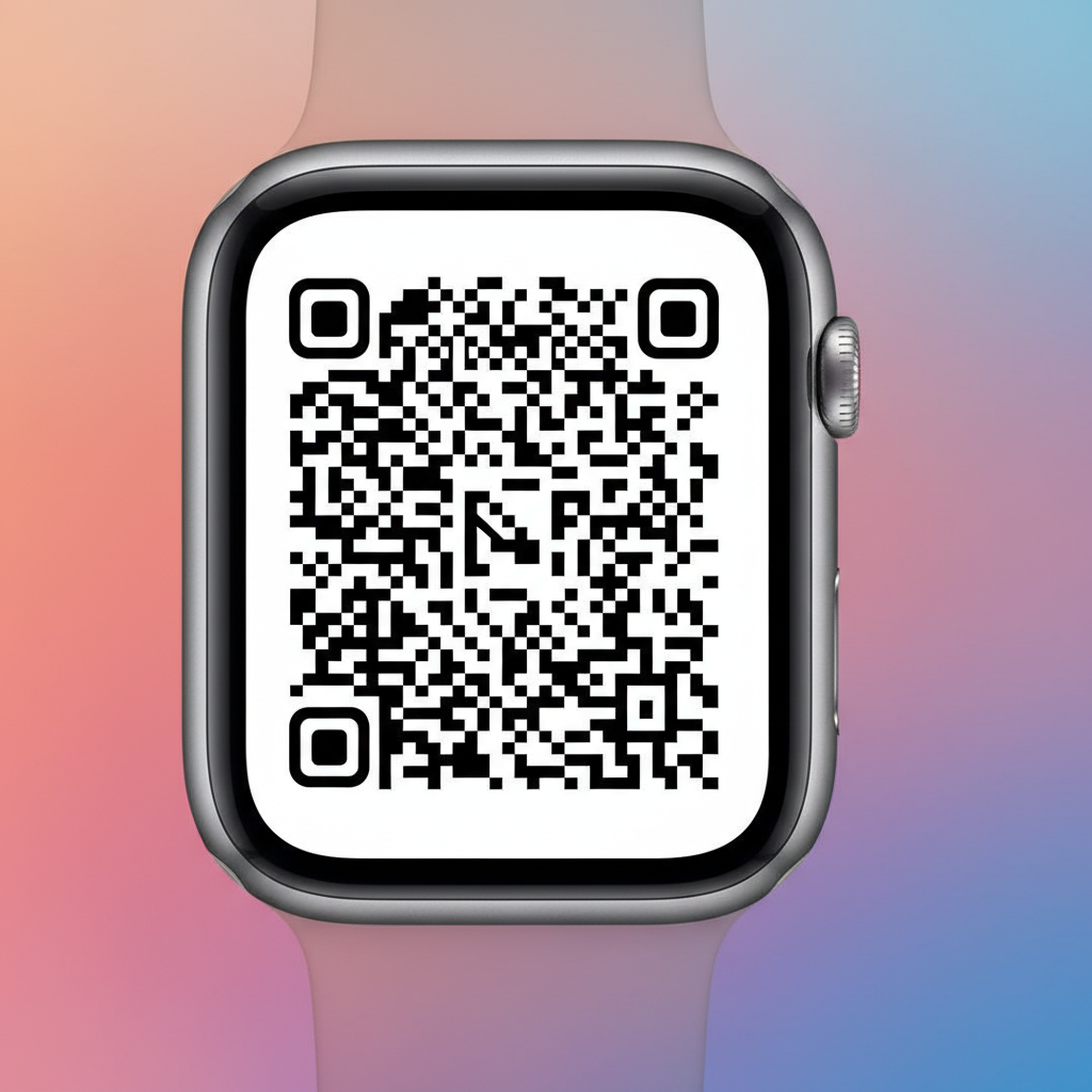Close up of a modern Apple Watch displaying a clear QR code on its screen, vibrant gradient background, clean interface, no text, 1:1