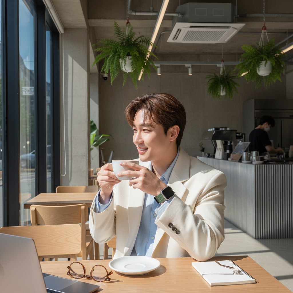 A stylish Korean person wearing an Apple Watch in a modern cafe environment, soft natural lighting, high contrast, lifestyle photography, 4:3