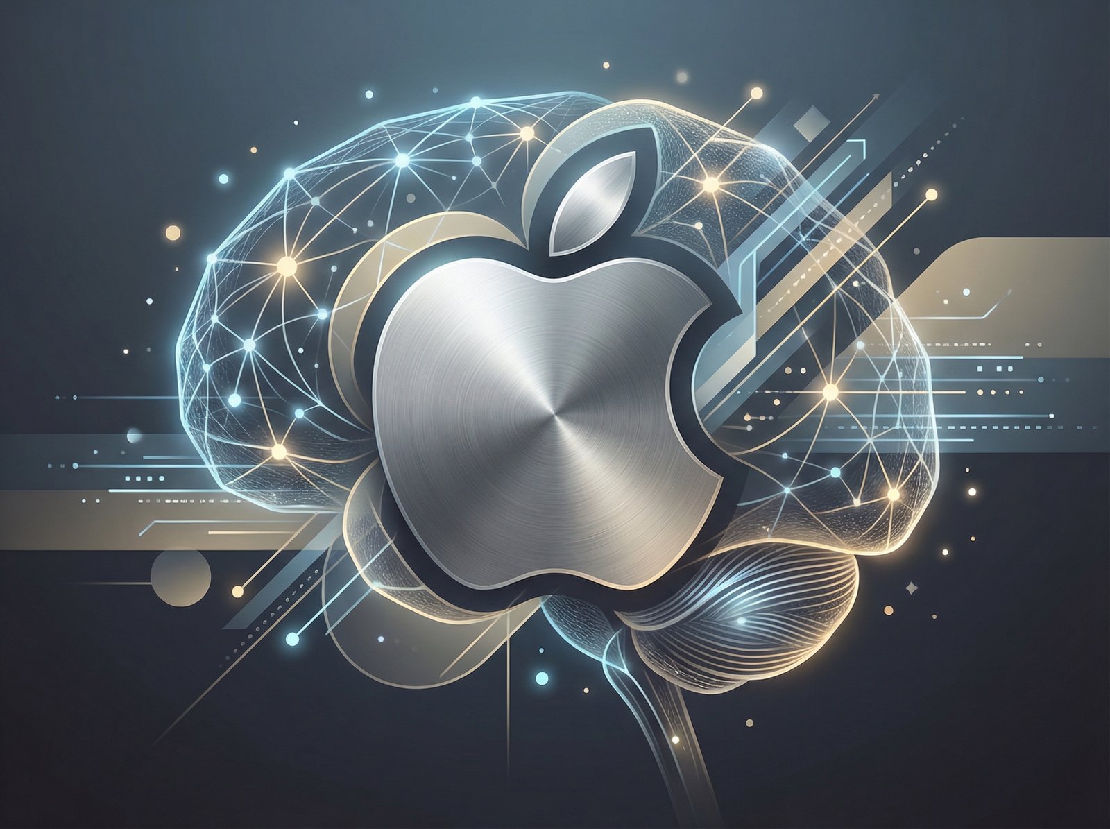 A sleek, modern graphic depicting the Apple logo intertwined with abstract AI elements like neural networks and glowing data streams, symbolizing future success and innovation. Muted, sophisticated color palette. Aspect ratio 4:3, no visible text.