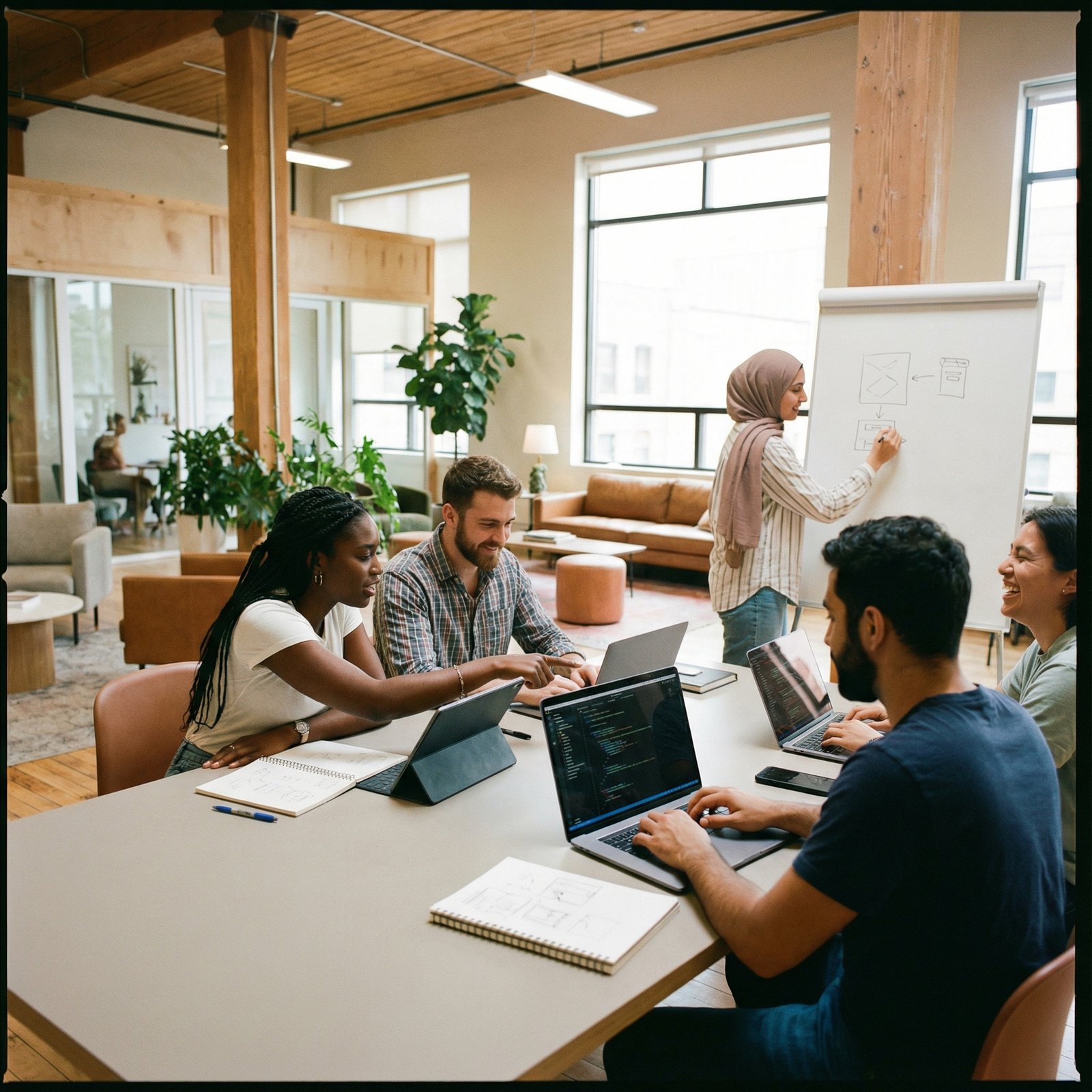 Diverse group of young adults collaborating on a coding project in a modern, brightly lit space, detailed composition, 1:1 aspect ratio, no visible text
